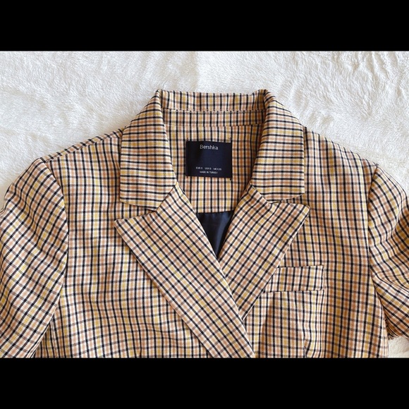 Bershka Shawl Collar Plaid Double Breasted Blazer - Picture 4 of 5